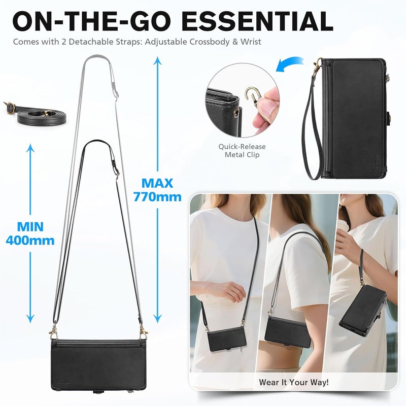 TUCCH Crossbody Detachable Wallet Case for iPhone 17 (6.3") 2025, 9 Card Slots RFID Blocking | Wireless Charging | Wrist Strap | Lanyard | Stand | Zipper Pocket | PU Leather Shockproof Cover | Black - Image 5